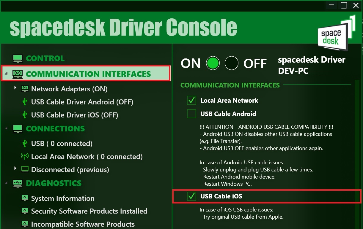 控制台的 USB Cable iOS 通道勾选